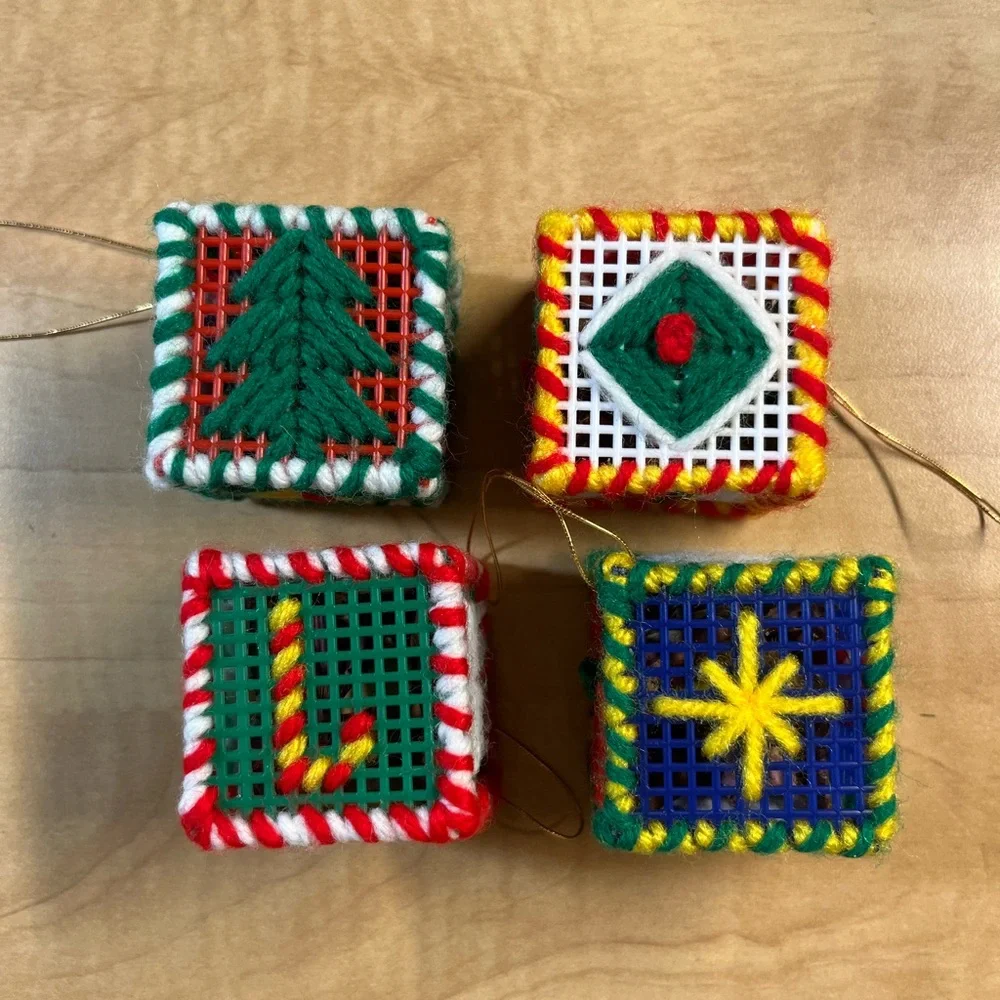4 Vintage Handmade Plastic Canvas Christmas Block Ornaments